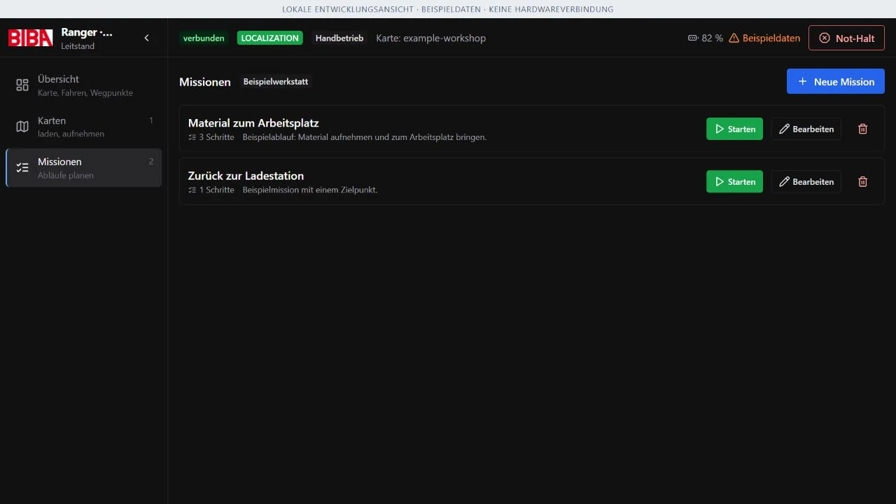 Missionsansicht der originalen AMR-Weboberfläche mit lokalen Beispielabläufen