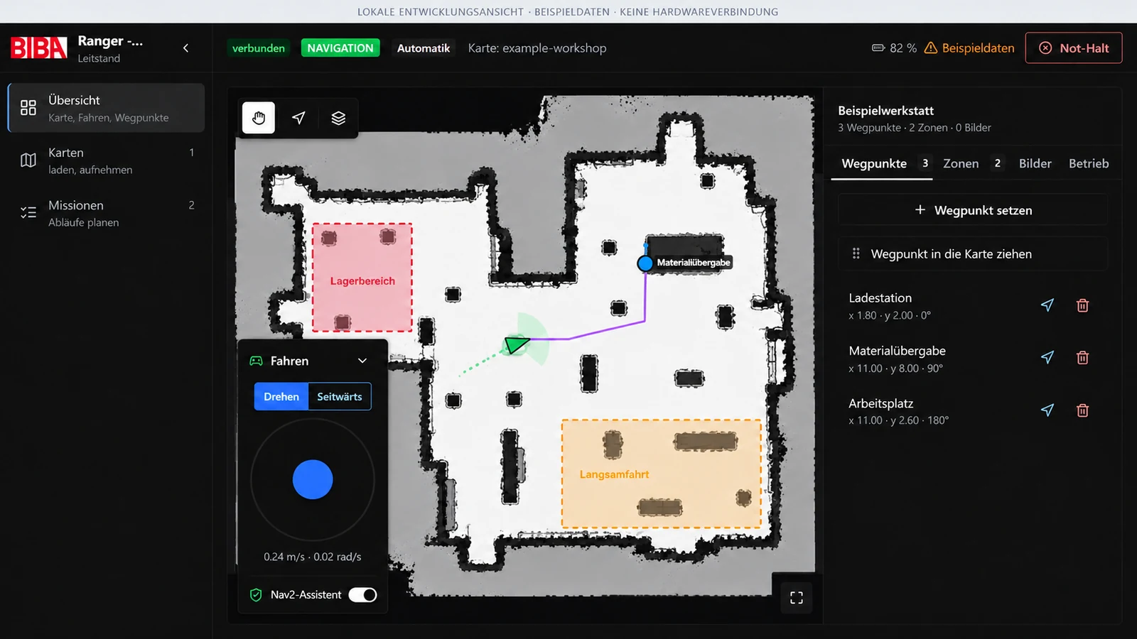 AMR-Bedienoberfläche mit bearbeiteter 2D-SLAM-Beispielkarte, Roboterposition und Navigationspfad