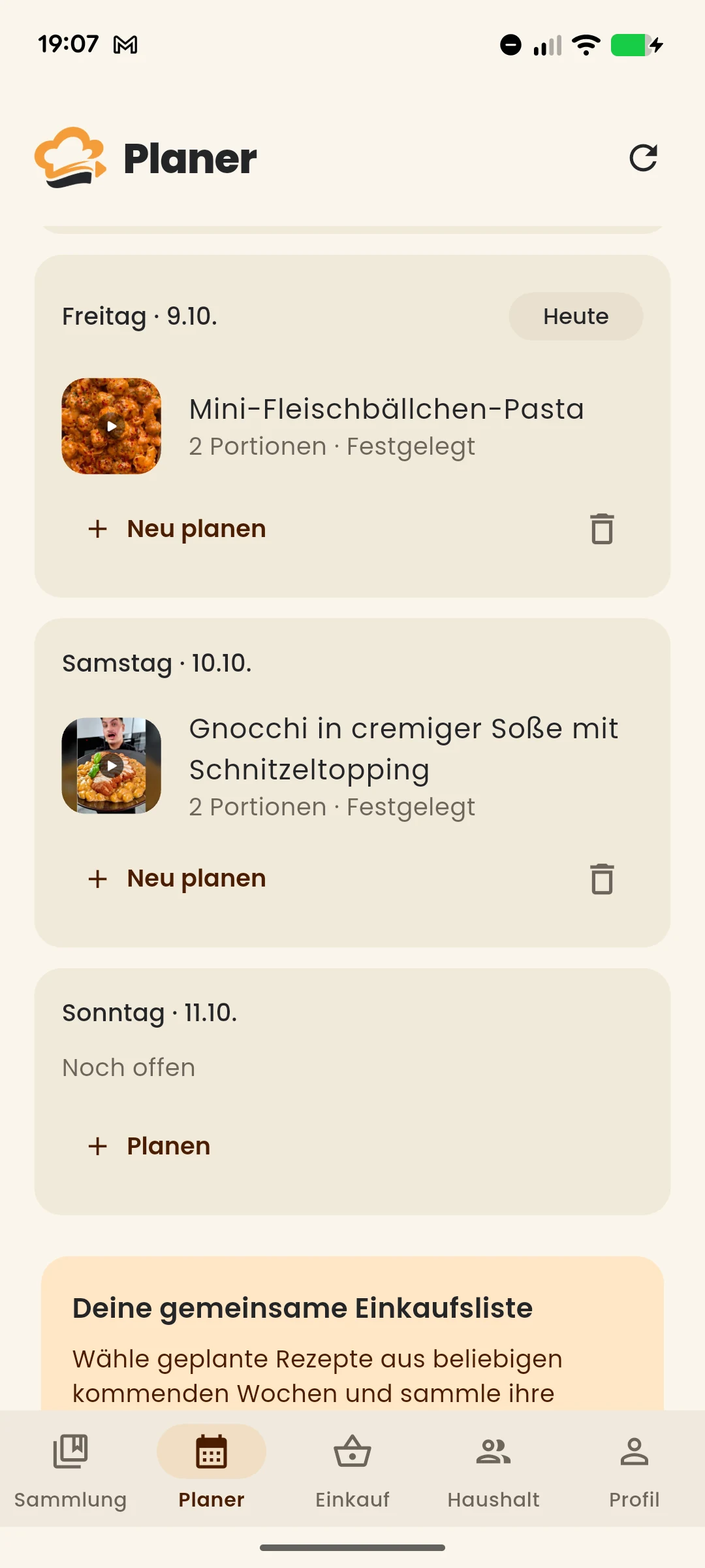 Wochenplanung in Cook Swipe