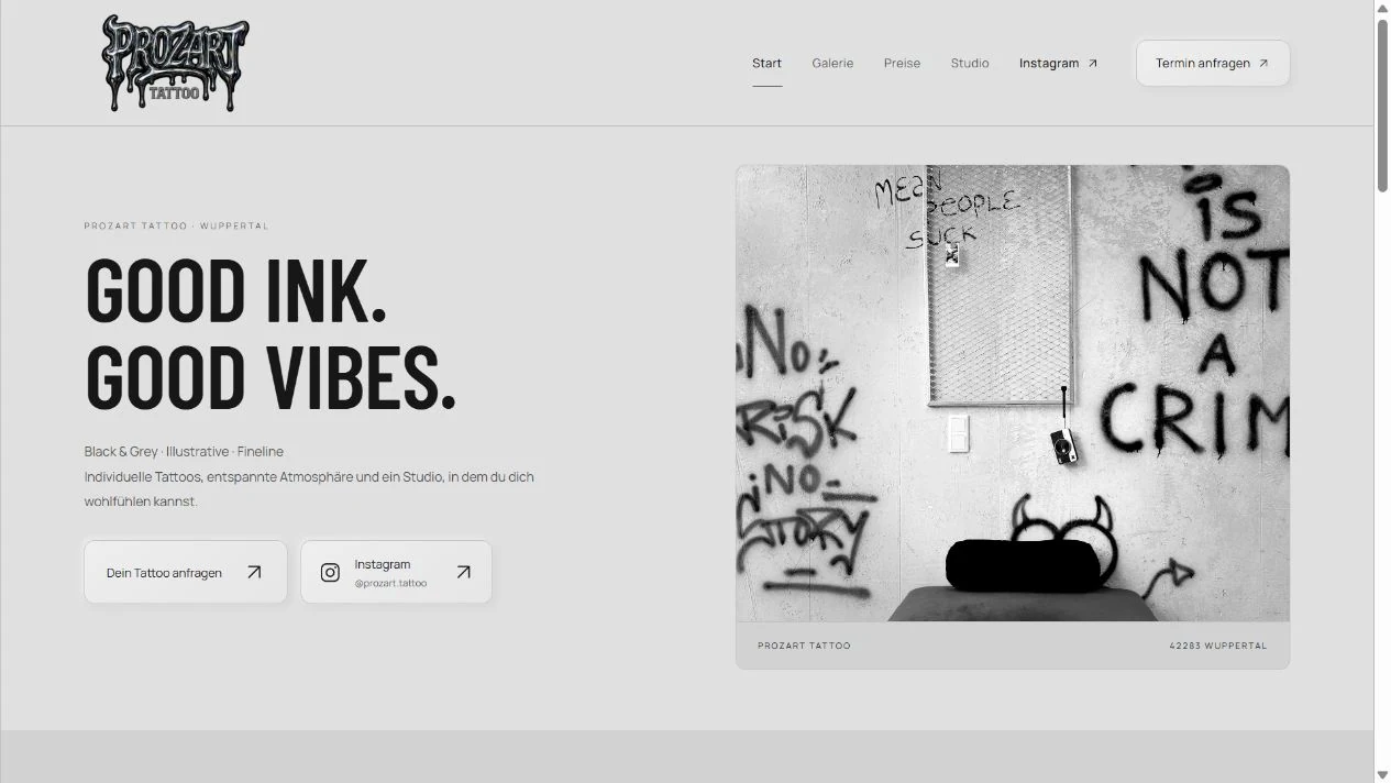 Die umgesetzte PROZART-Website mit Galerie und Studioauftritt